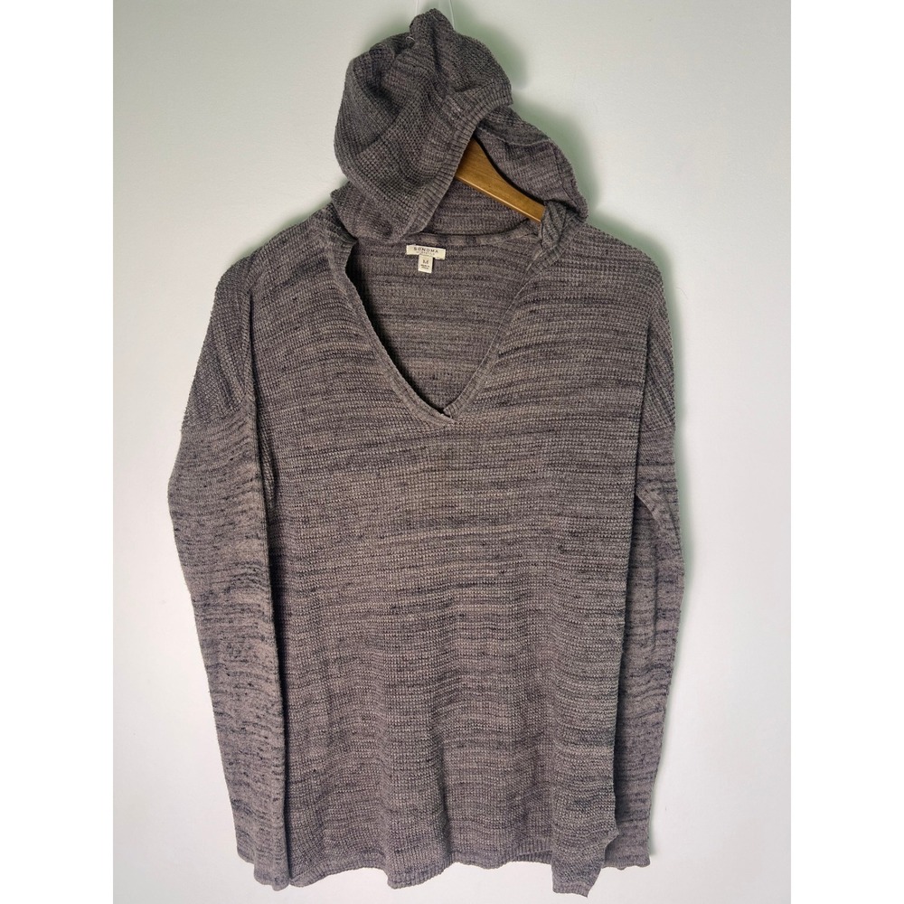 Sonoma M Hooded Sweater Boho Gray Cotton Knit Pullover Indie Sleeze Grunge Punk